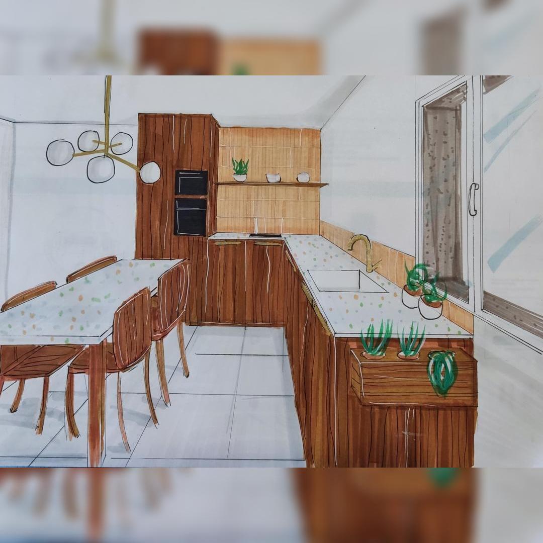 Illustration personnelle d’une cuisine moderne avec bois naturel, salle à manger et lumière – DécoByPat