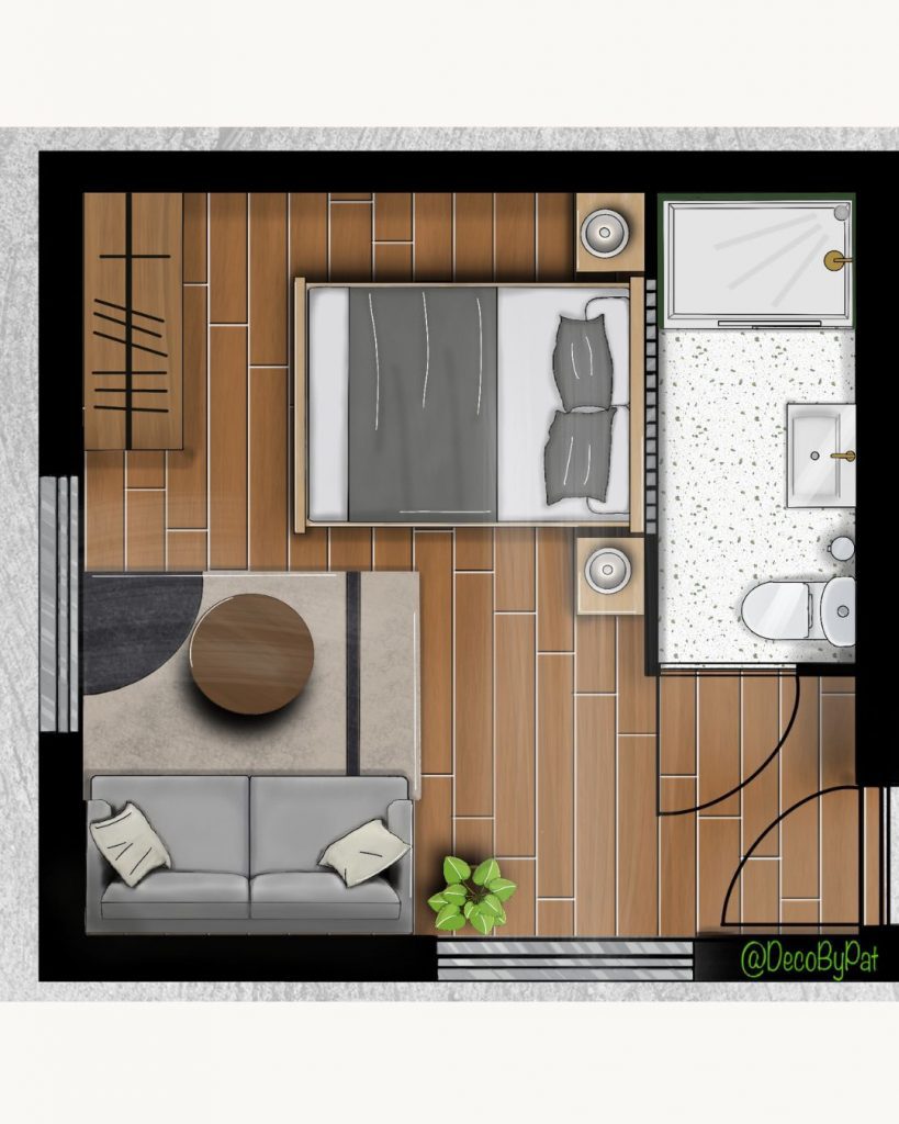 Croquis personnel d’une chambre d'hôte moderne avec chambre, salon et salle de bain – DécoByPat